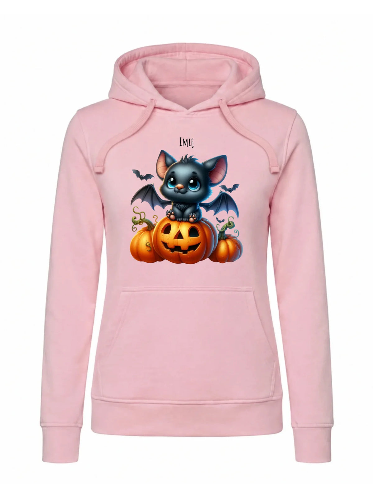 Bluza damska z kapturem halloweenowa - Słodki nietoperz z dynią - personalizowana HL09