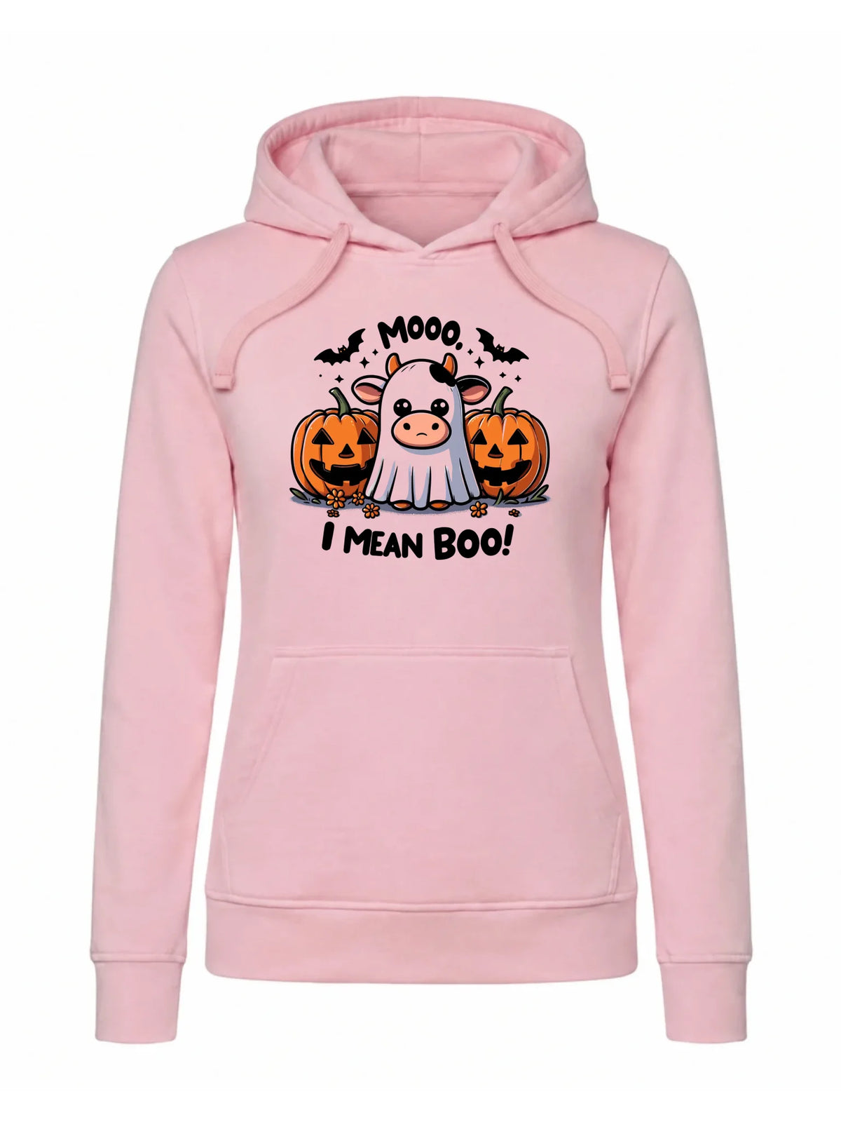 Bluza damska z kapturem na Halloween - Mooo I mean Boo! - z dynią i duchem HL14