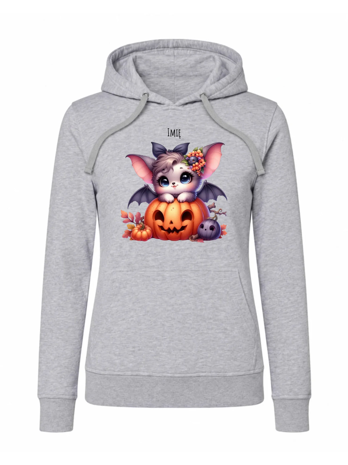 Bluza damska z kapturem halloweenowa - Uroczy nietoperz z dynią - personalizowana HL08