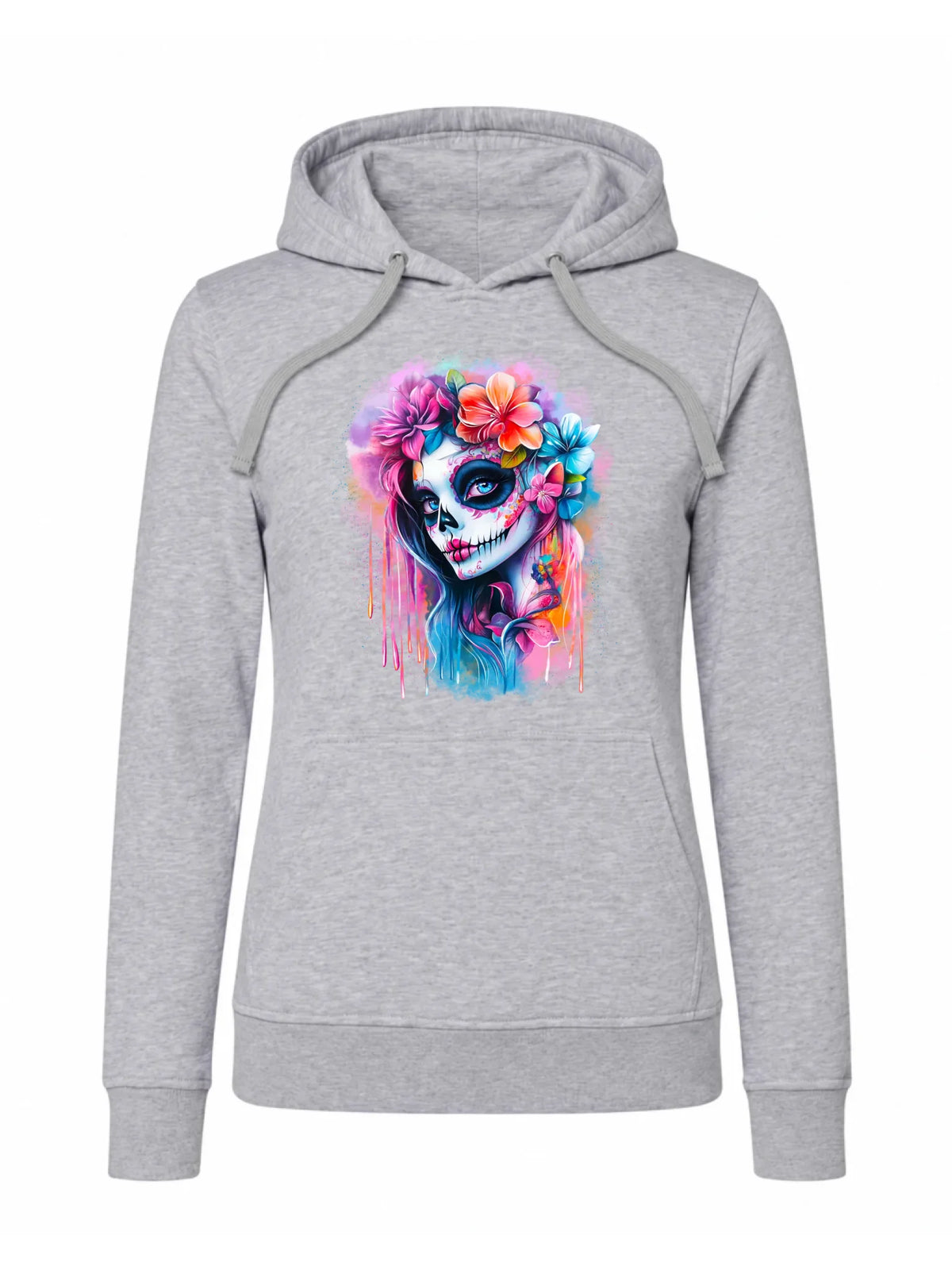 Bluza damska z kapturem Halloween - kolorowa czaszka z kwiatami La Muerte HL05