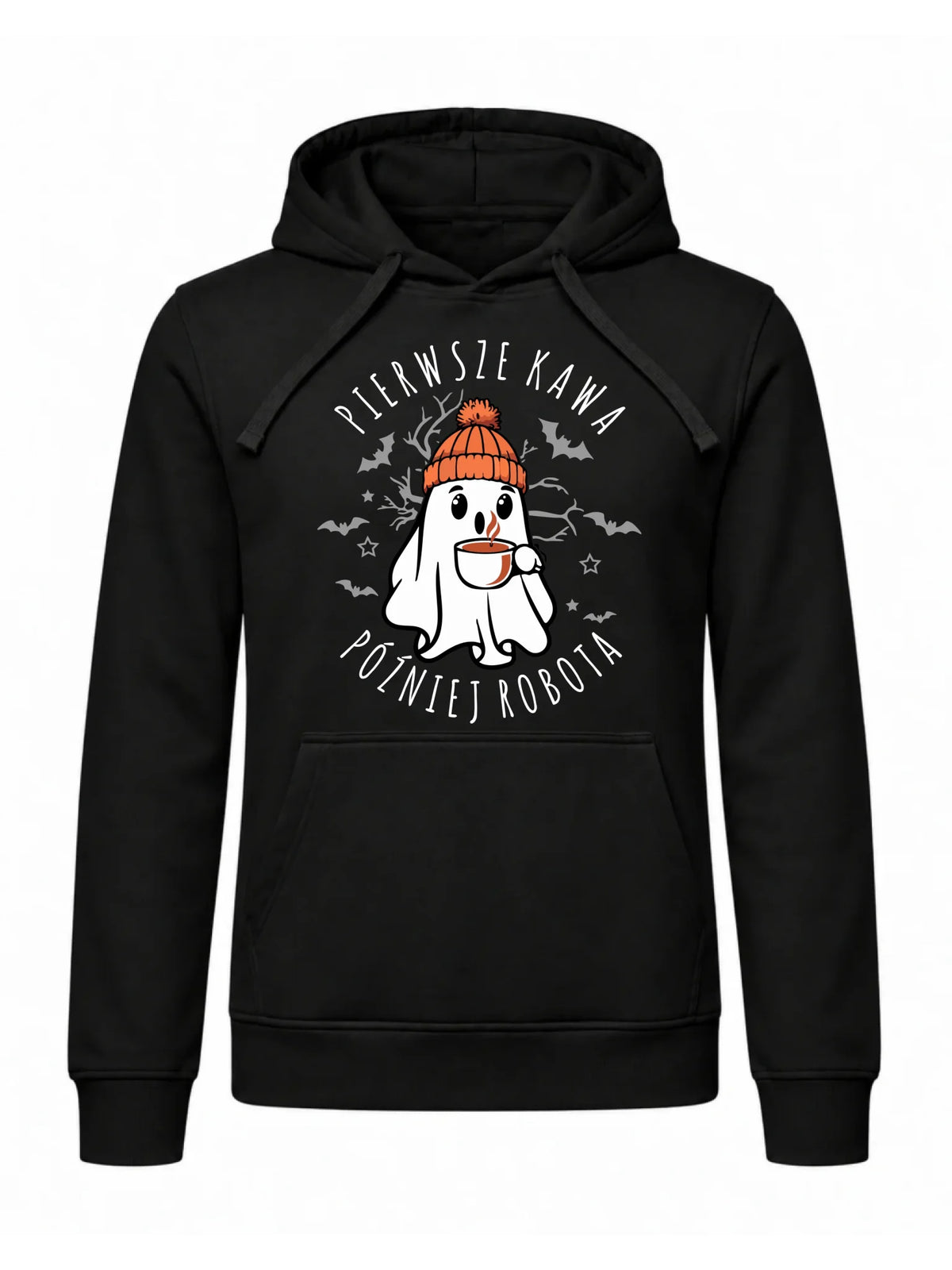 Bluza męska z kapturem na Halloween - Duch z kawą - Pierwsze kawa później robota HL01