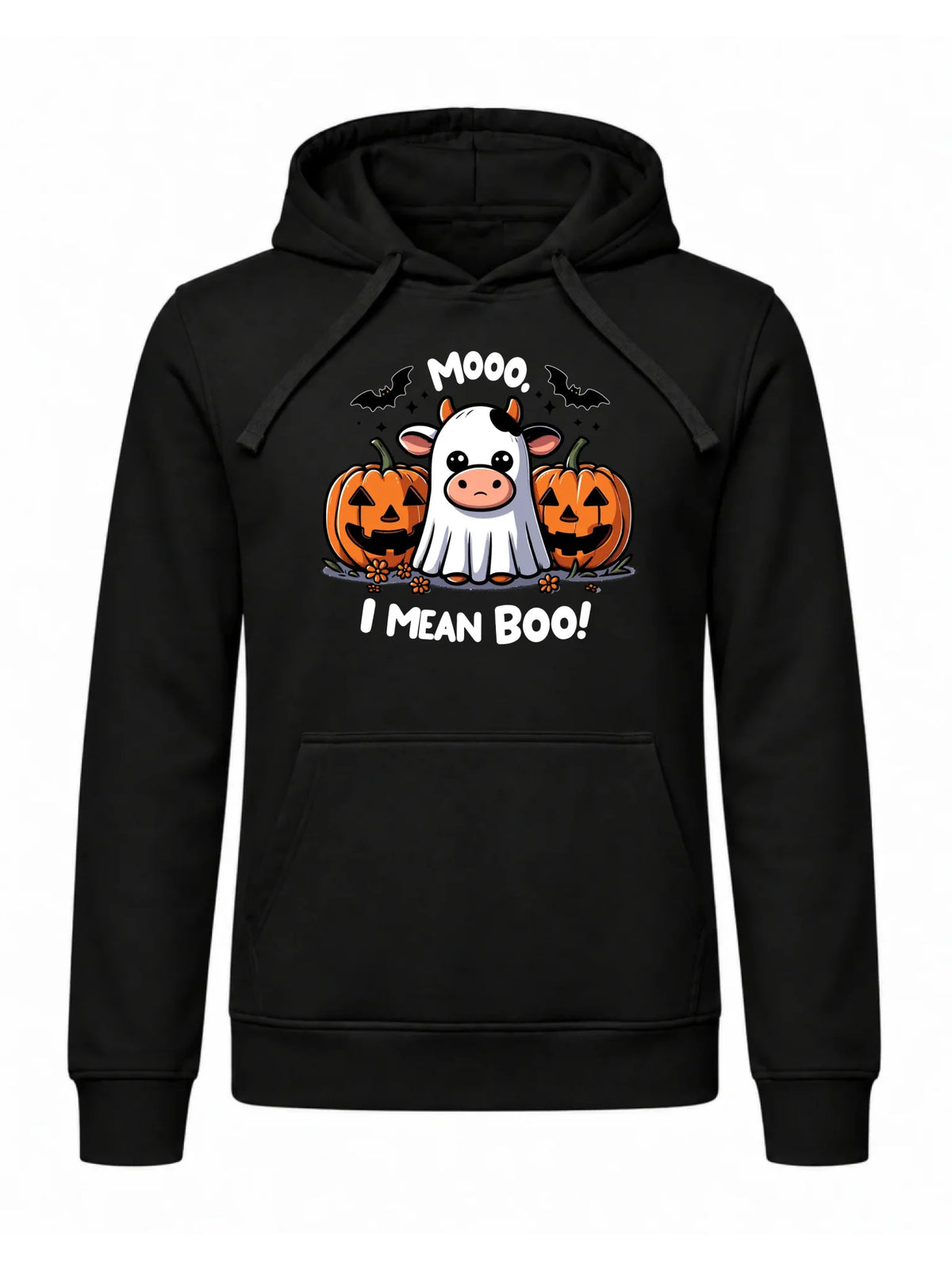 Bluza męska z kapturem na Halloween - Mooo I mean Boo! - z dynią i duchem HL14