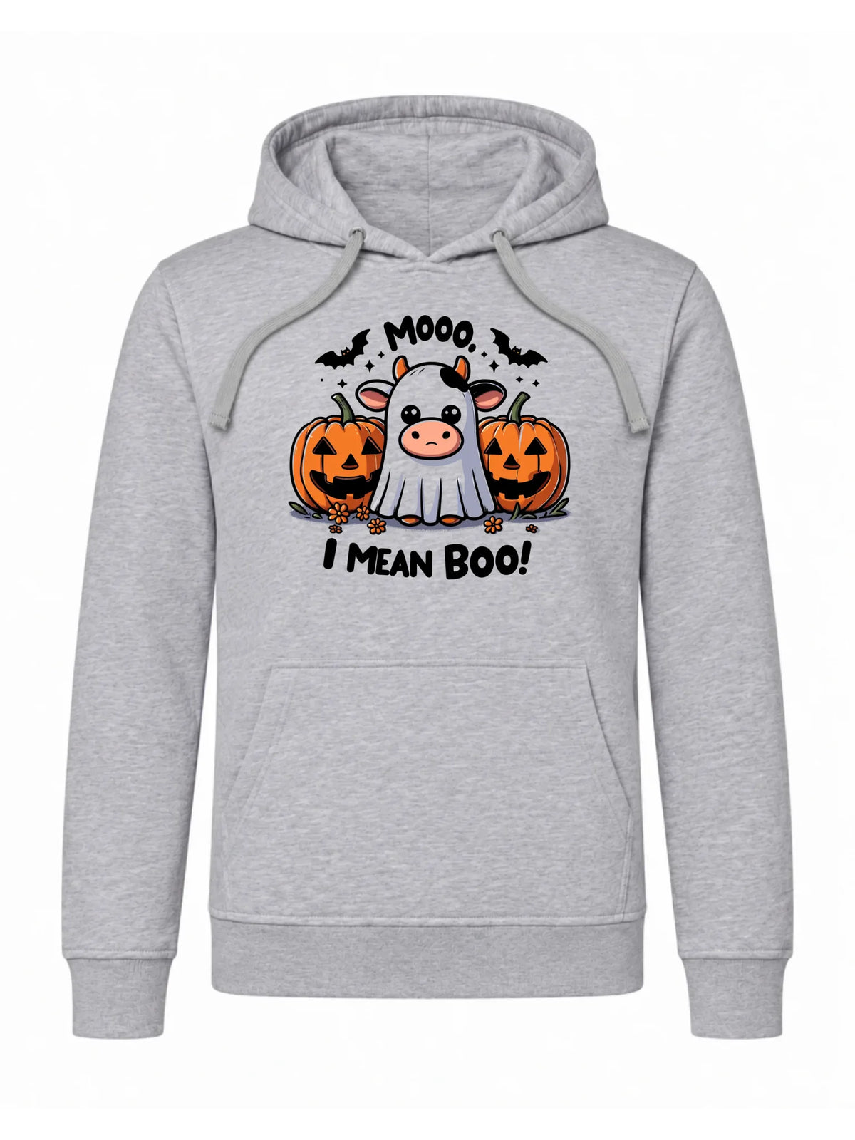 Bluza męska z kapturem na Halloween - Mooo I mean Boo! - z dynią i duchem HL14