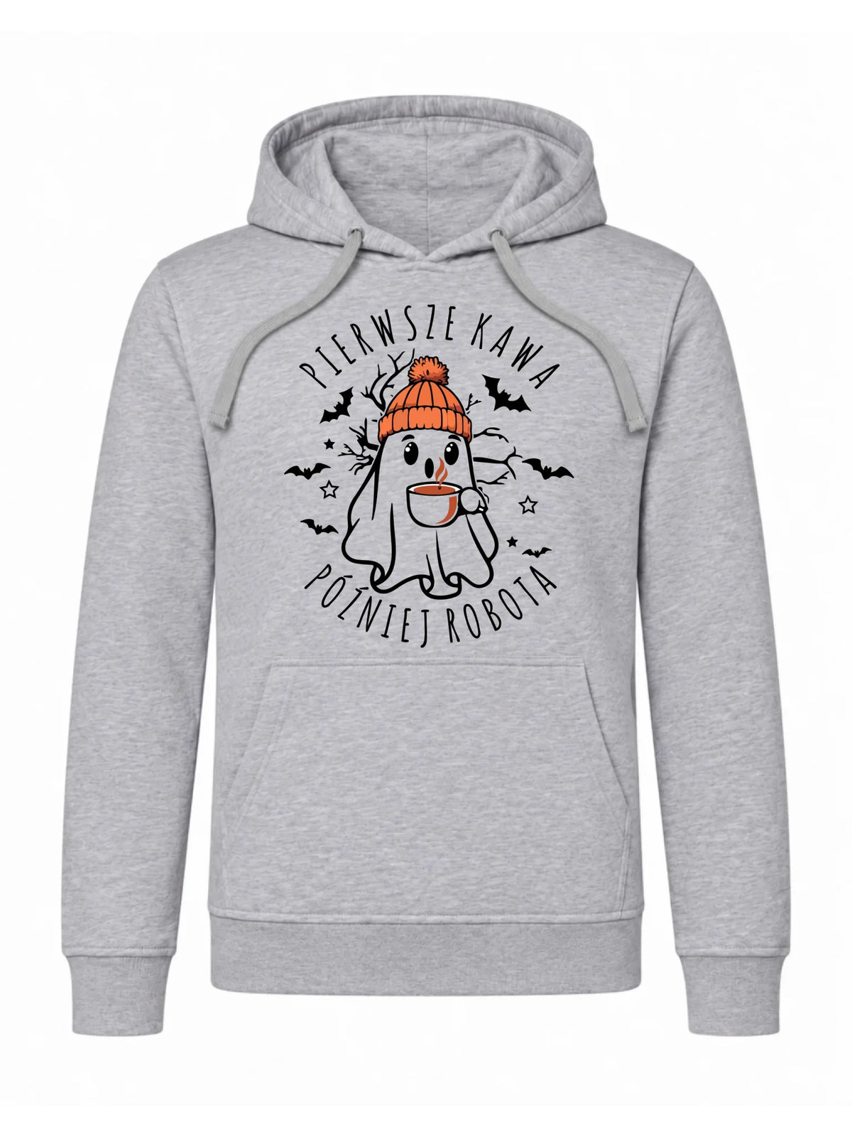 Bluza męska z kapturem na Halloween - Duch z kawą - Pierwsze kawa później robota HL01