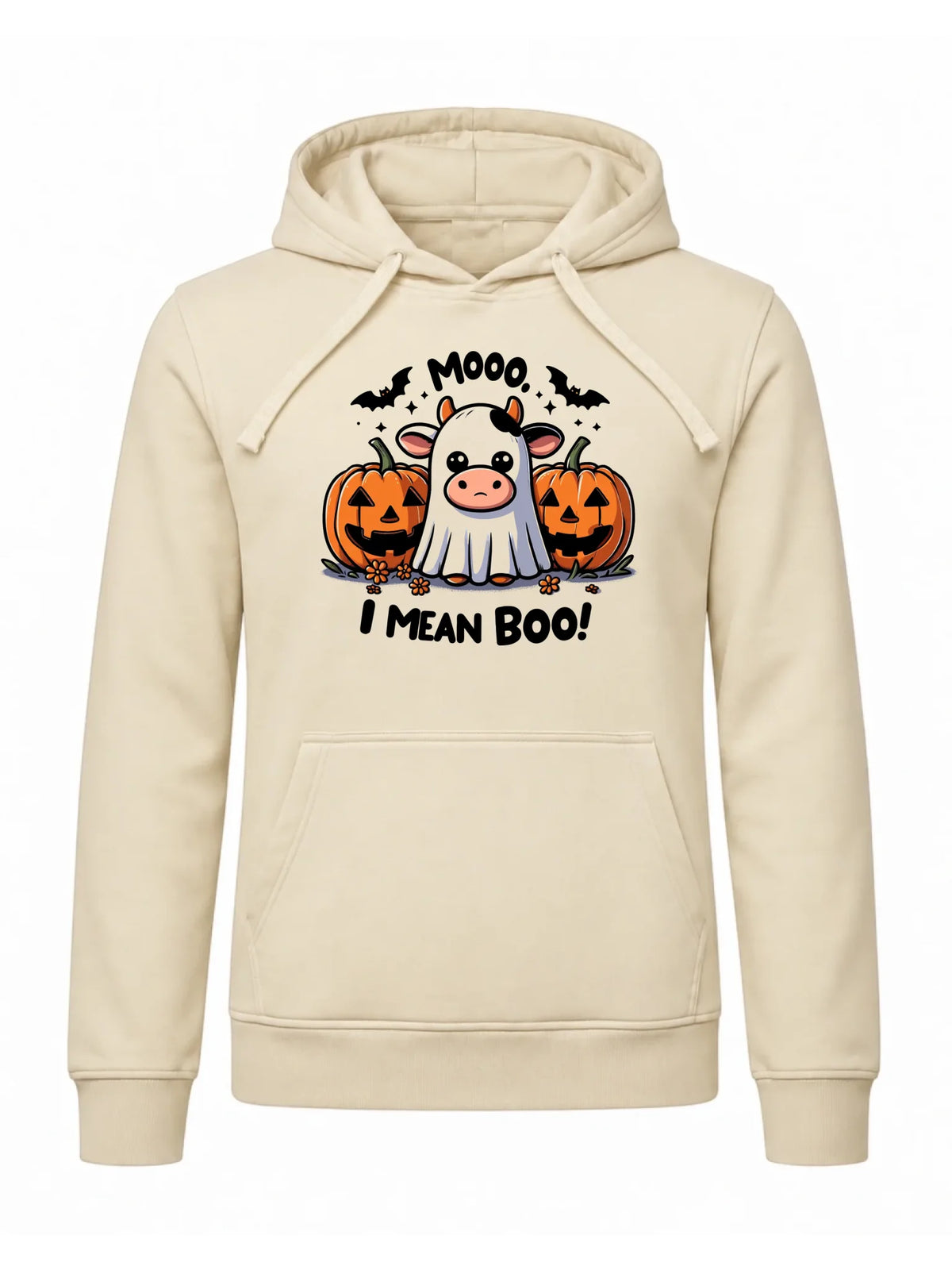 Bluza męska z kapturem na Halloween - Mooo I mean Boo! - z dynią i duchem HL14