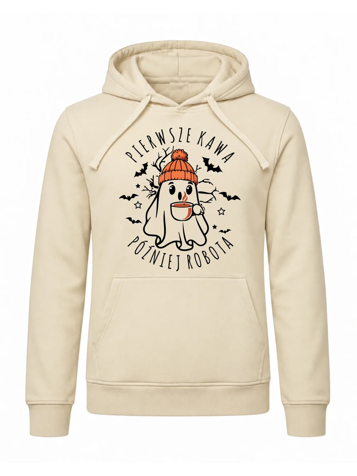 Bluza męska z kapturem na Halloween - Duch z kawą - Pierwsze kawa później robota HL01