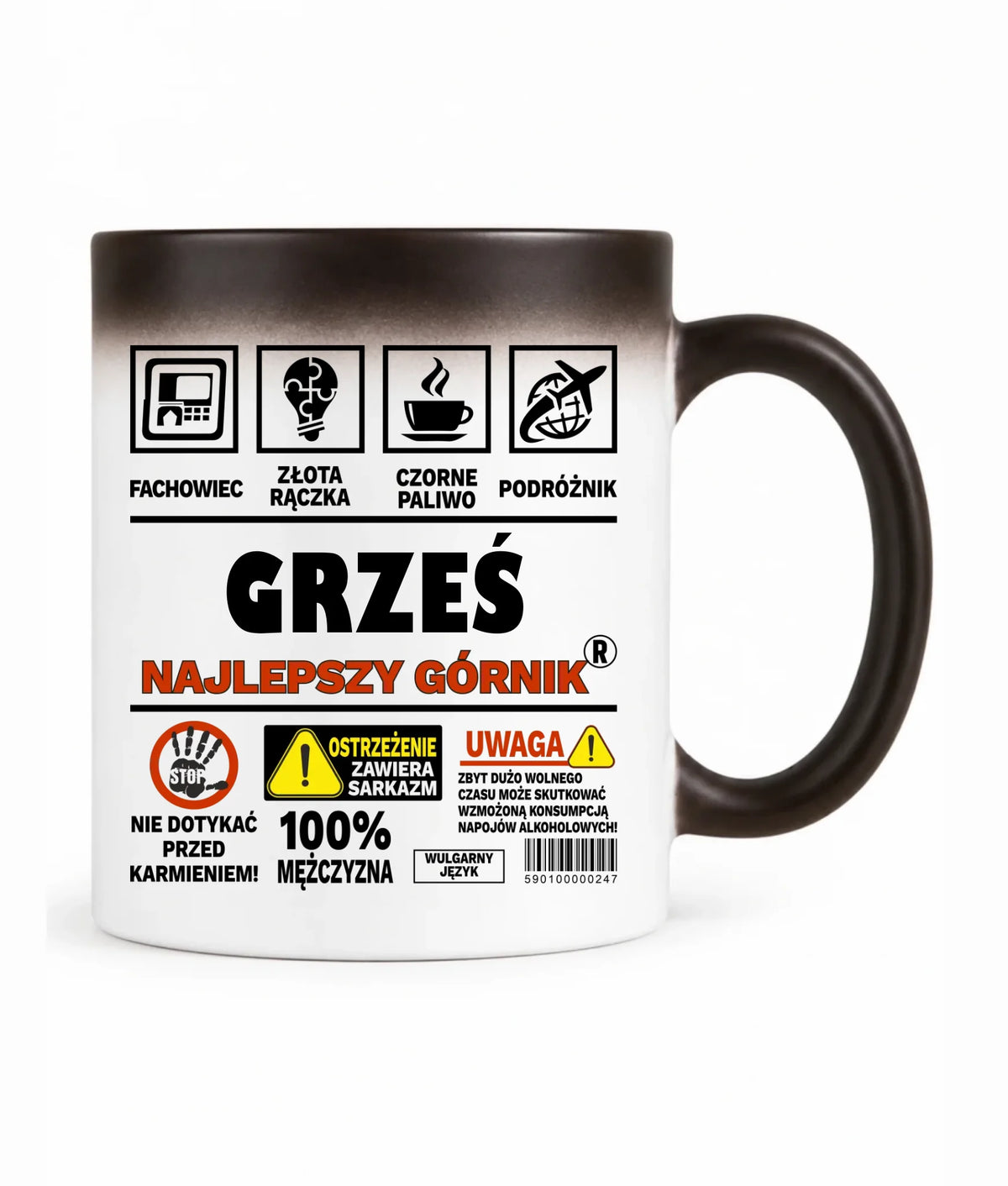Kubek magiczny z imieniem dla górnika - Uwaga 100% mężczyzny