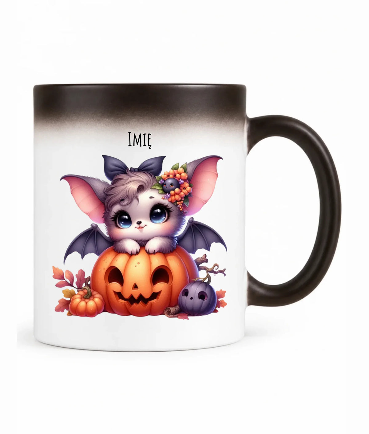 Kubek magiczny halloweenowy - Uroczy nietoperz z dynią - personalizowany HL08