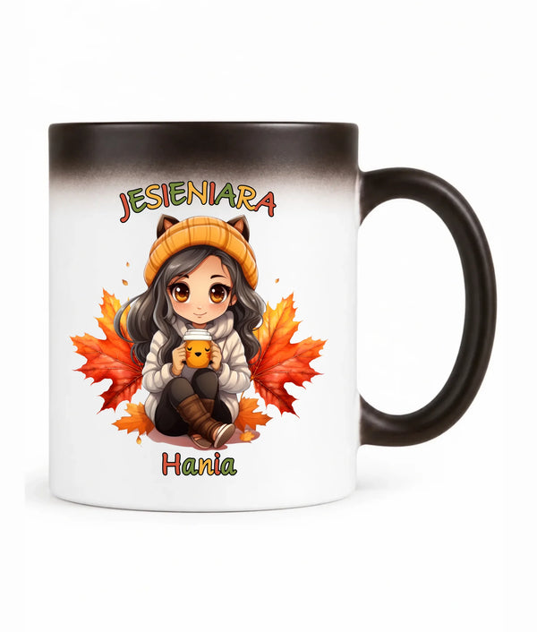 Kubek magiczny jesienny z imieniem - Jesieniara z kawą