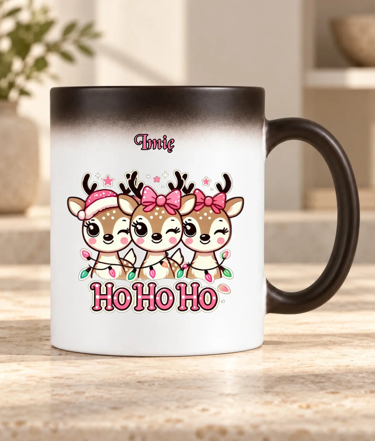Kubek magiczny świąteczny - Ho ho ho Słodkie reniferki - personalizowany BN49