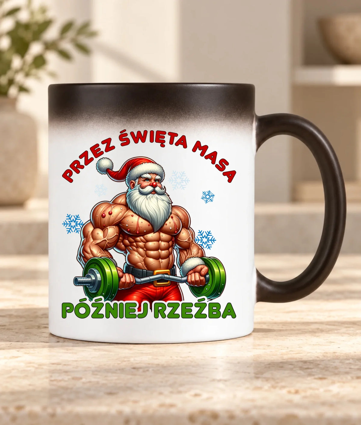 Kubek magiczny świąteczny - Mikołaj na siłowni - Przez święta masa, później rzeźba BN139