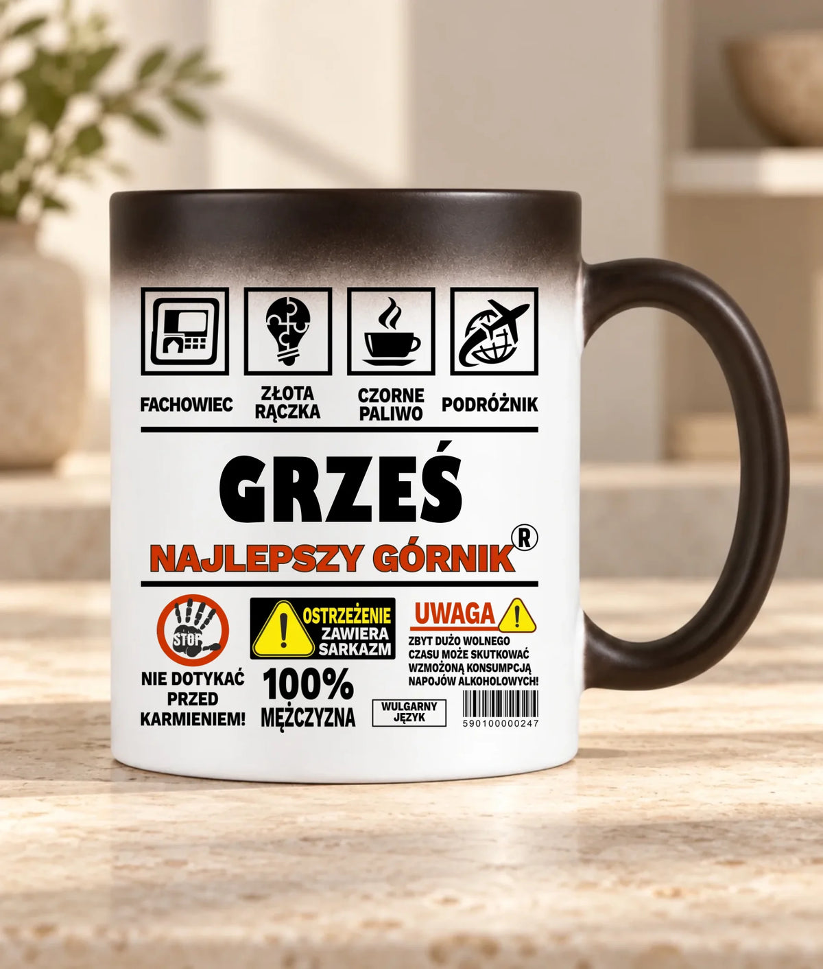 Kubek magiczny z imieniem dla górnika - Uwaga 100% mężczyzny