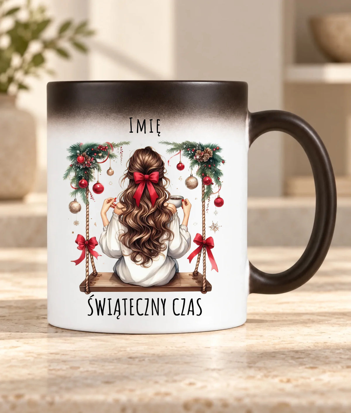 Kubek magiczny świąteczny - Dziewczyna na huśtawce - Świąteczny czas - personalizowany BN105