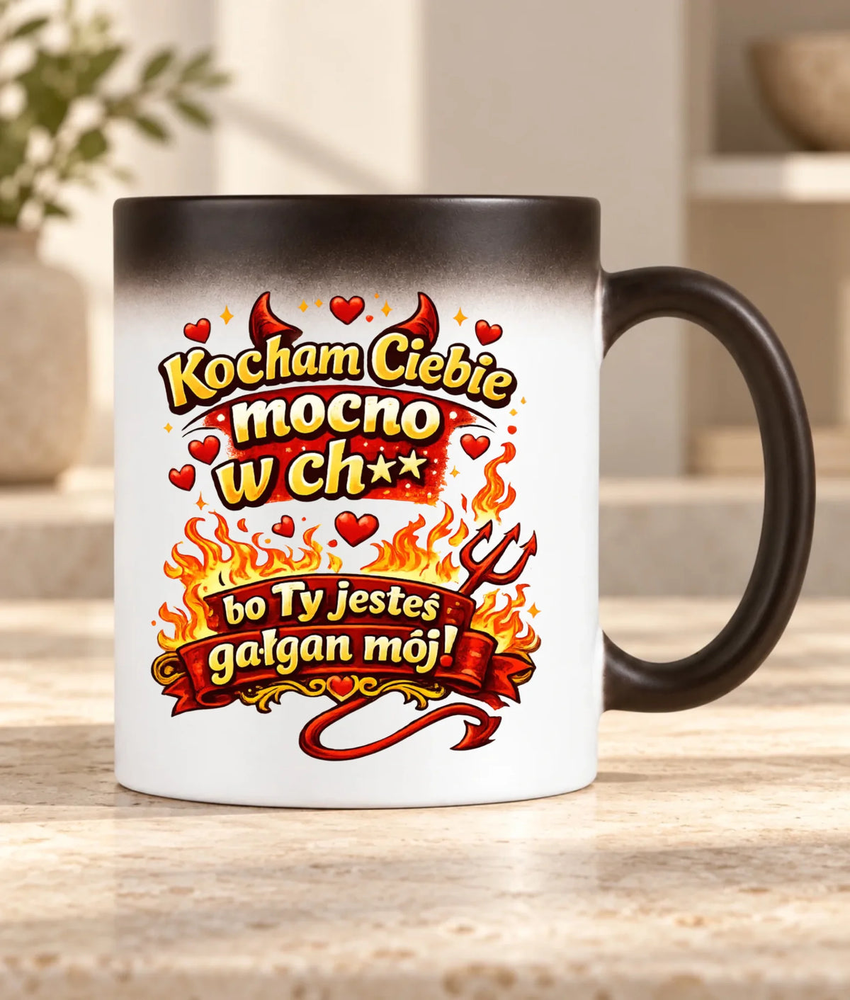 Kubek magiczny dla par - Kocham Ciebie mocno w ch** bo Ty jesteś gałgan mój W82