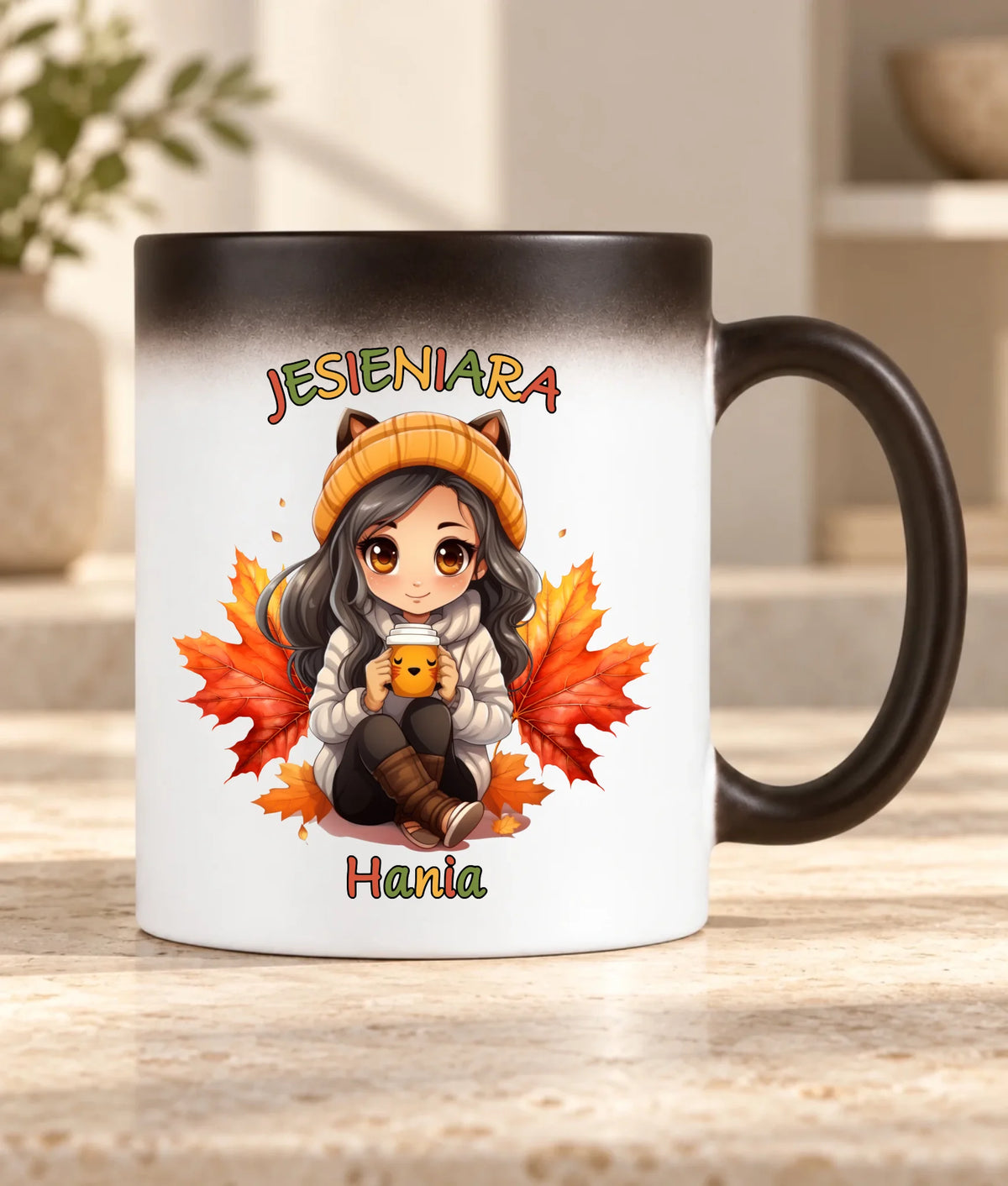 Kubek magiczny jesienny z imieniem - Jesieniara z kawą