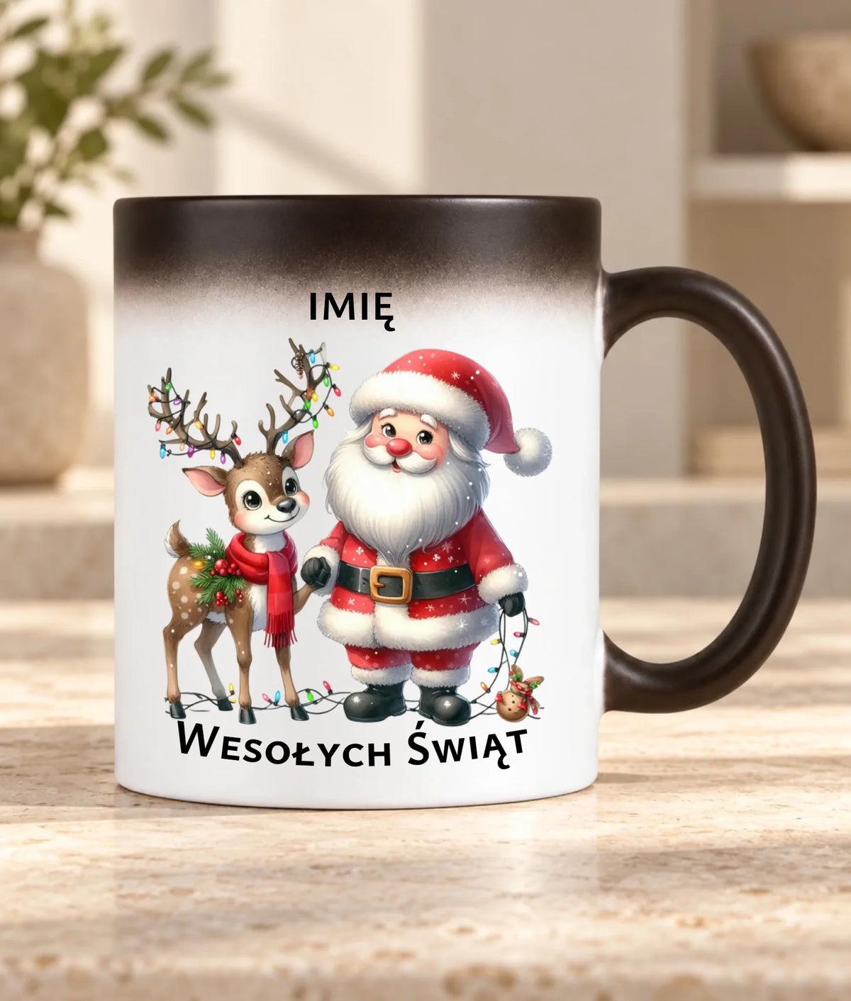 Kubek magiczny świąteczny - Mikołaj z reniferem - personalizowany BN09