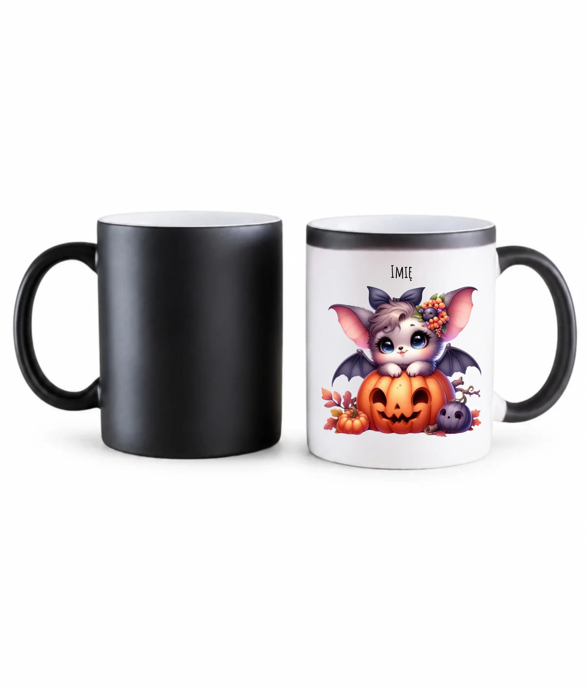 Kubek magiczny halloweenowy - Uroczy nietoperz z dynią - personalizowany HL08