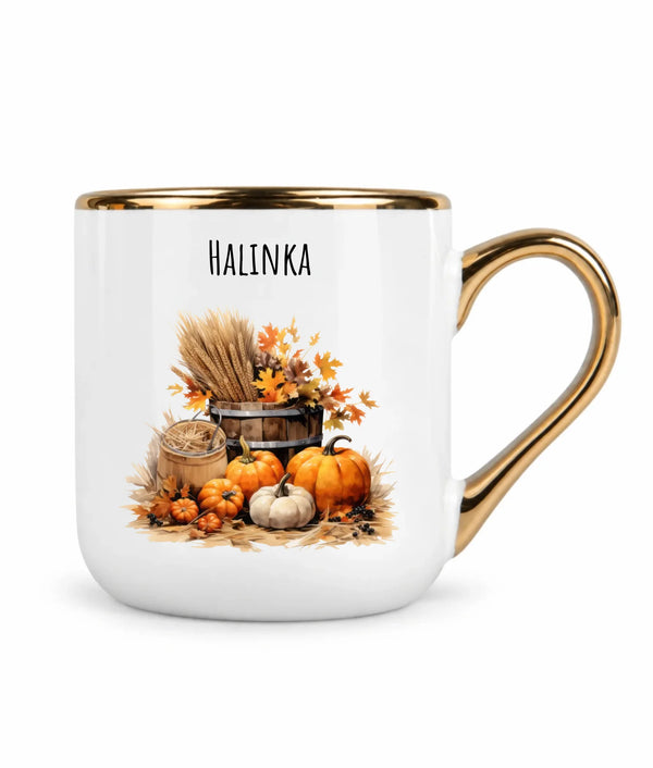 Kubek ze złotym rantem i imieniem jesienny - Harvest Vibes