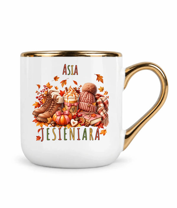 Kubek ze złotym rantem jesienny i imieniem - Jesieniara
