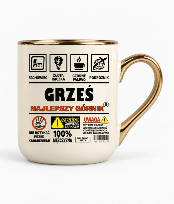 Kubek elegant z imieniem dla górnika - Uwaga 100% mężczyzny