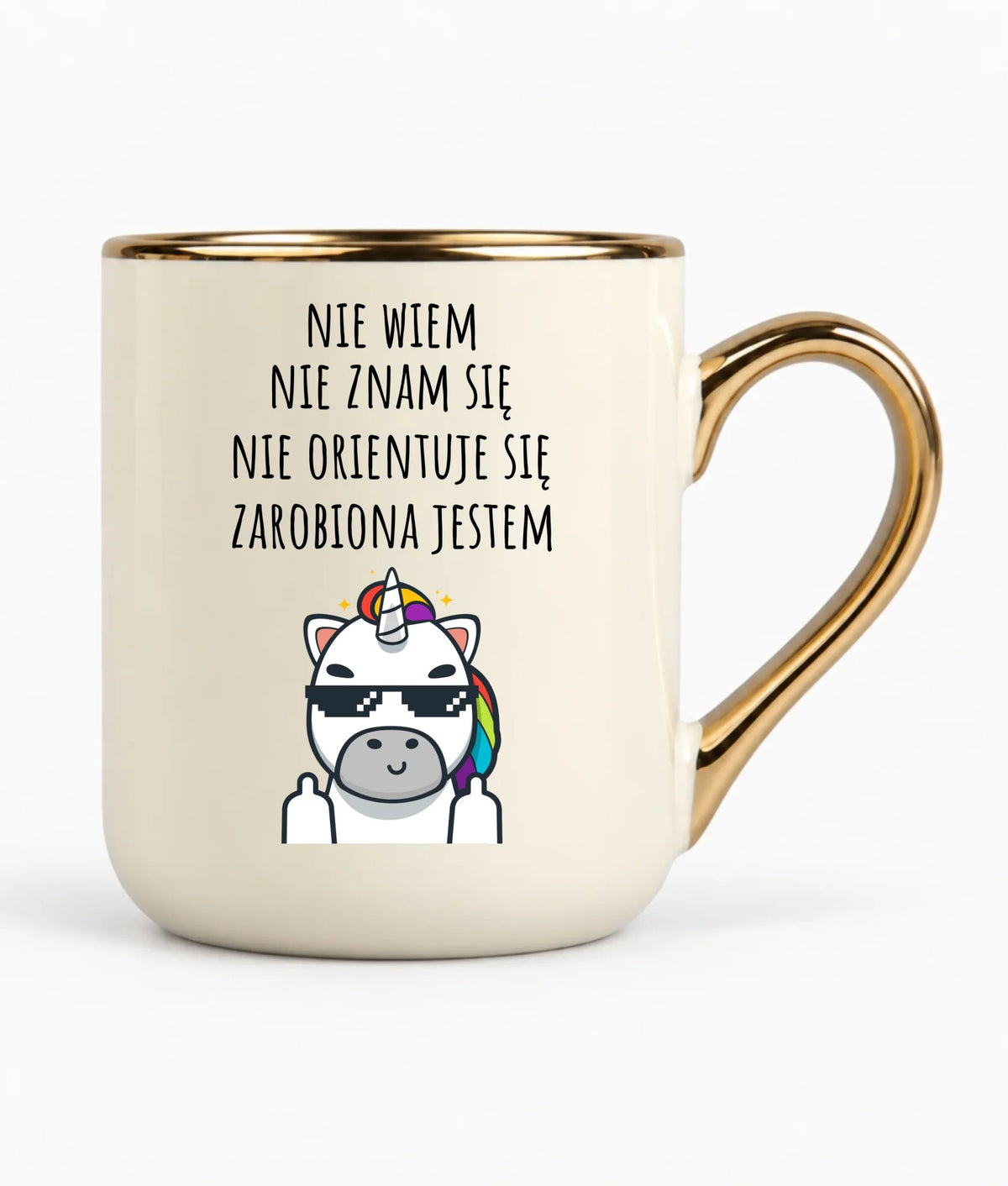 Śmieszny kubek elegant z napisem - Nie wiem, nie znam się, zarobiona jestem DZ05