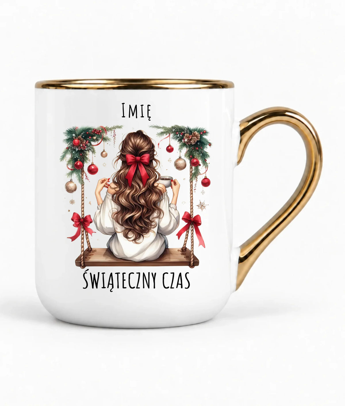 Kubek elegant świąteczny - Dziewczyna na huśtawce - Świąteczny czas - personalizowany BN105