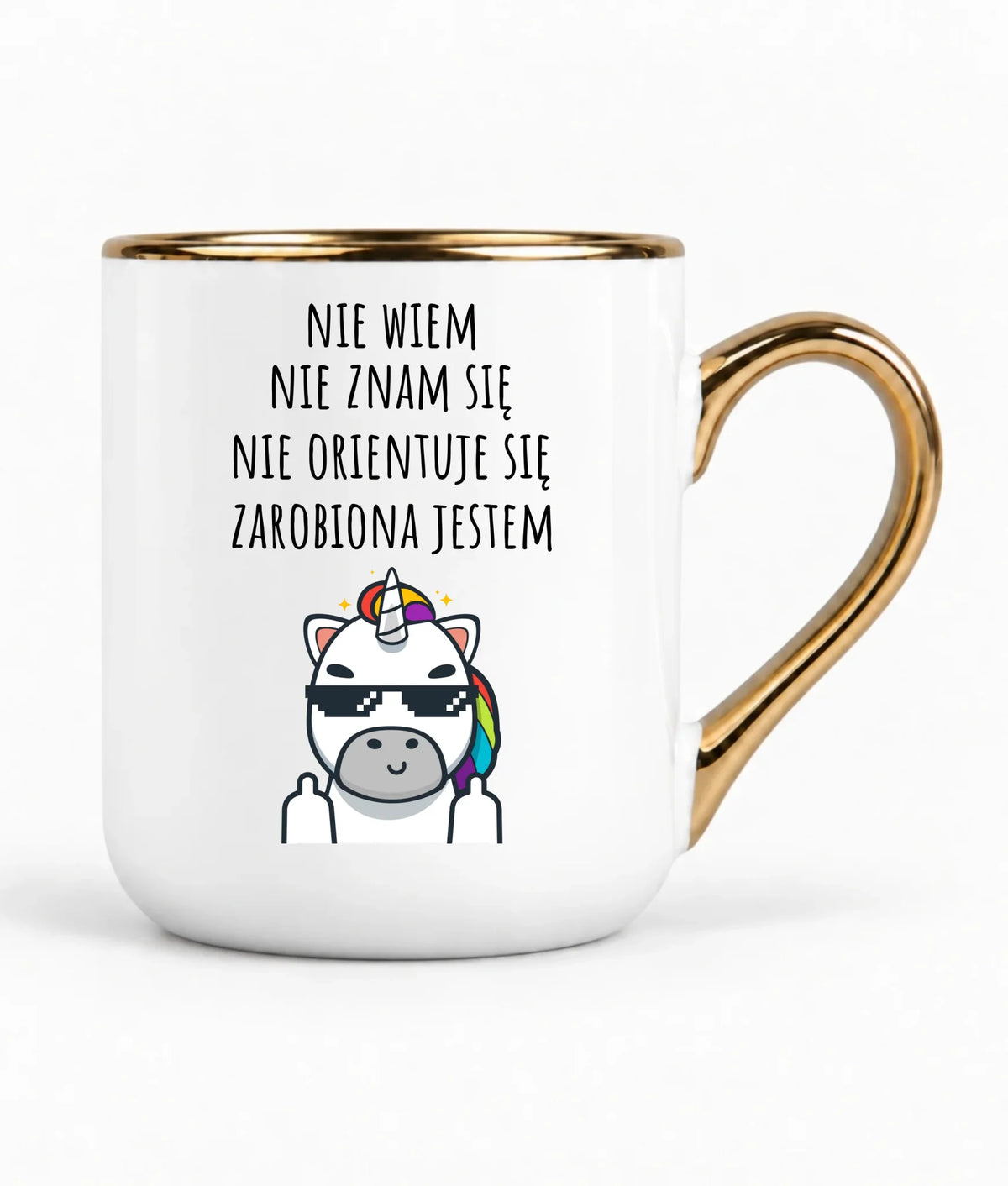 Śmieszny kubek elegant z napisem - Nie wiem, nie znam się, zarobiona jestem DZ05