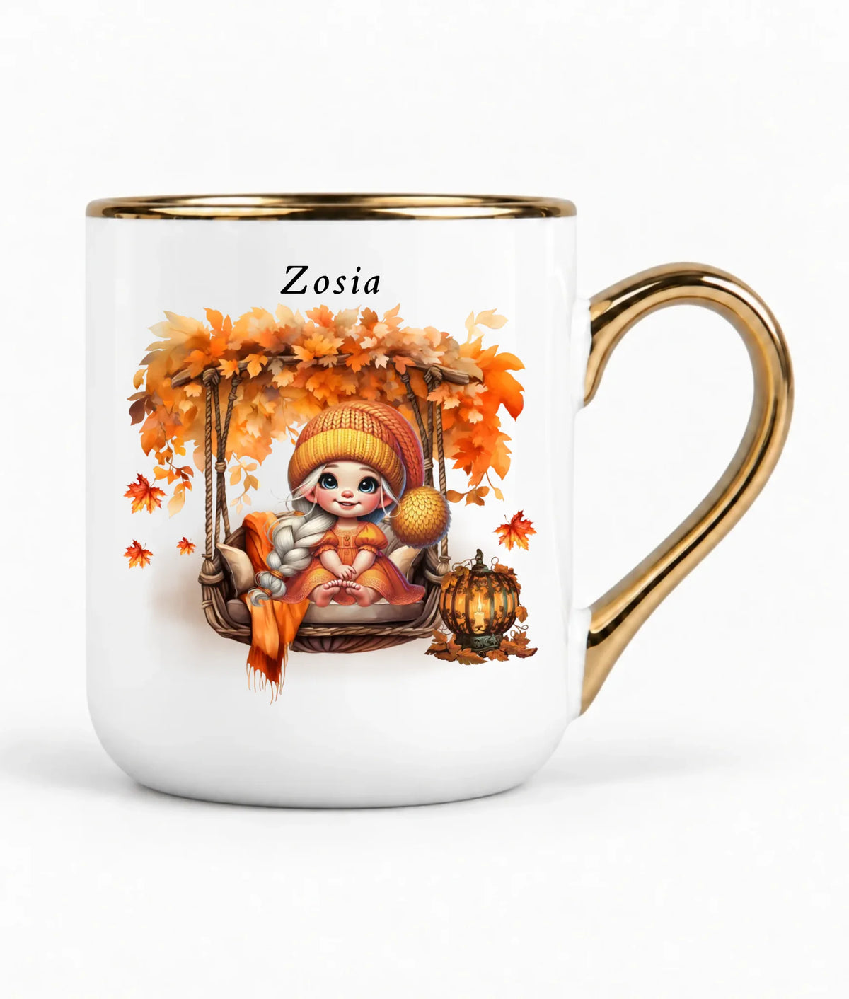 Kubek elegant jesieniara - Dziewczynka z liśćmi - personalizowany JS17