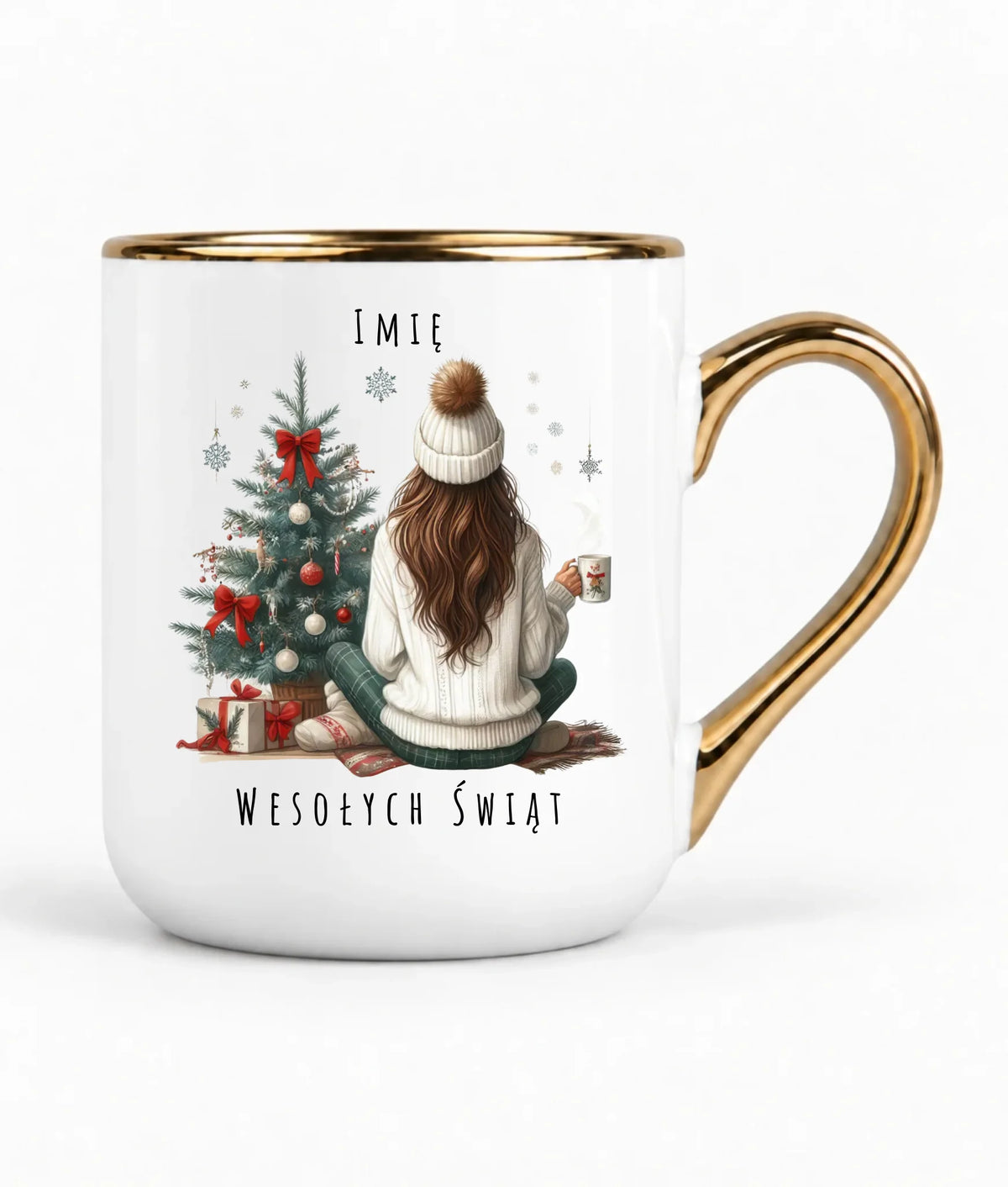 Kubek elegant świąteczny - Dziewczyna przy choince - personalizowany BN15