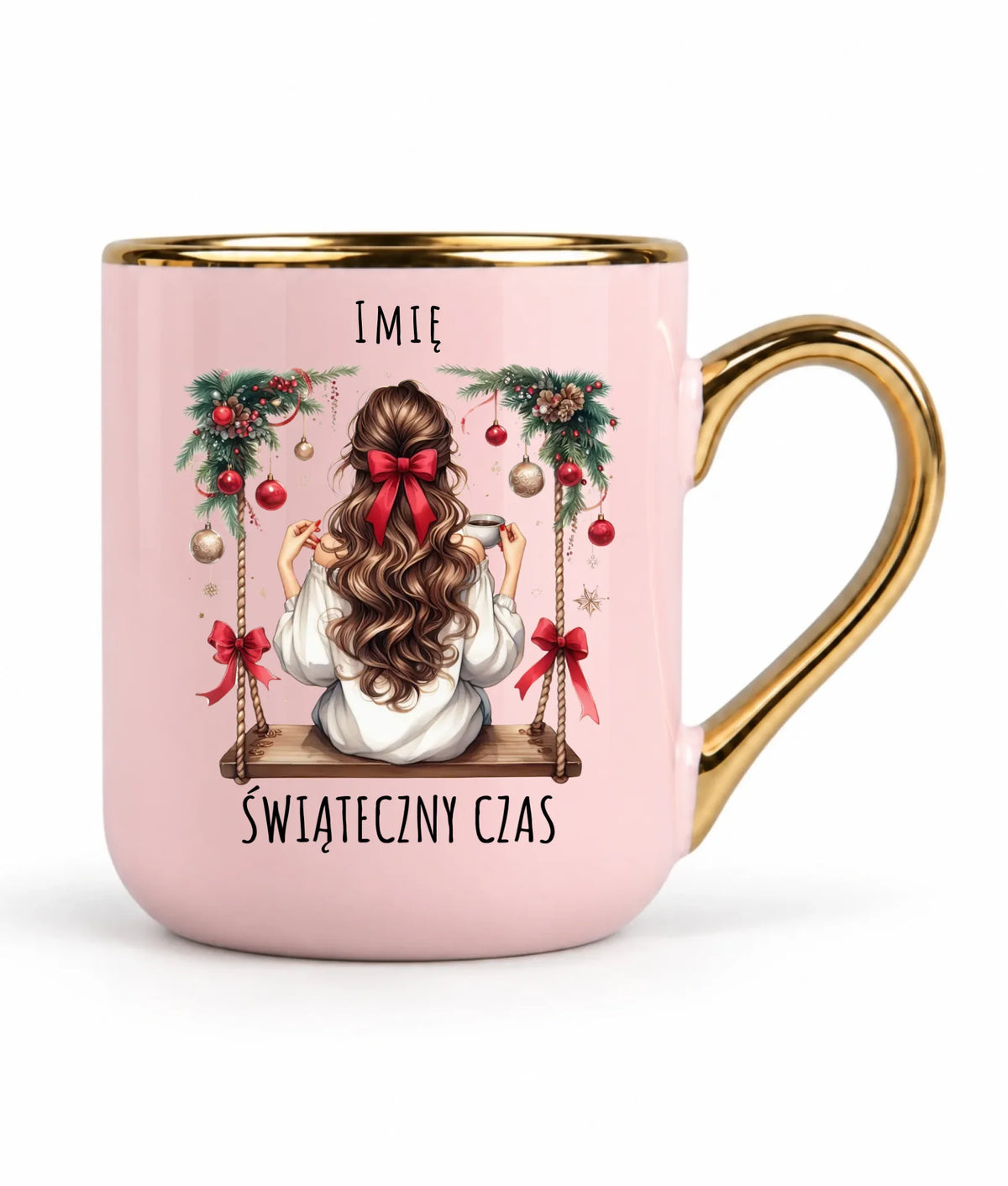 Kubek elegant świąteczny - Dziewczyna na huśtawce - Świąteczny czas - personalizowany BN105