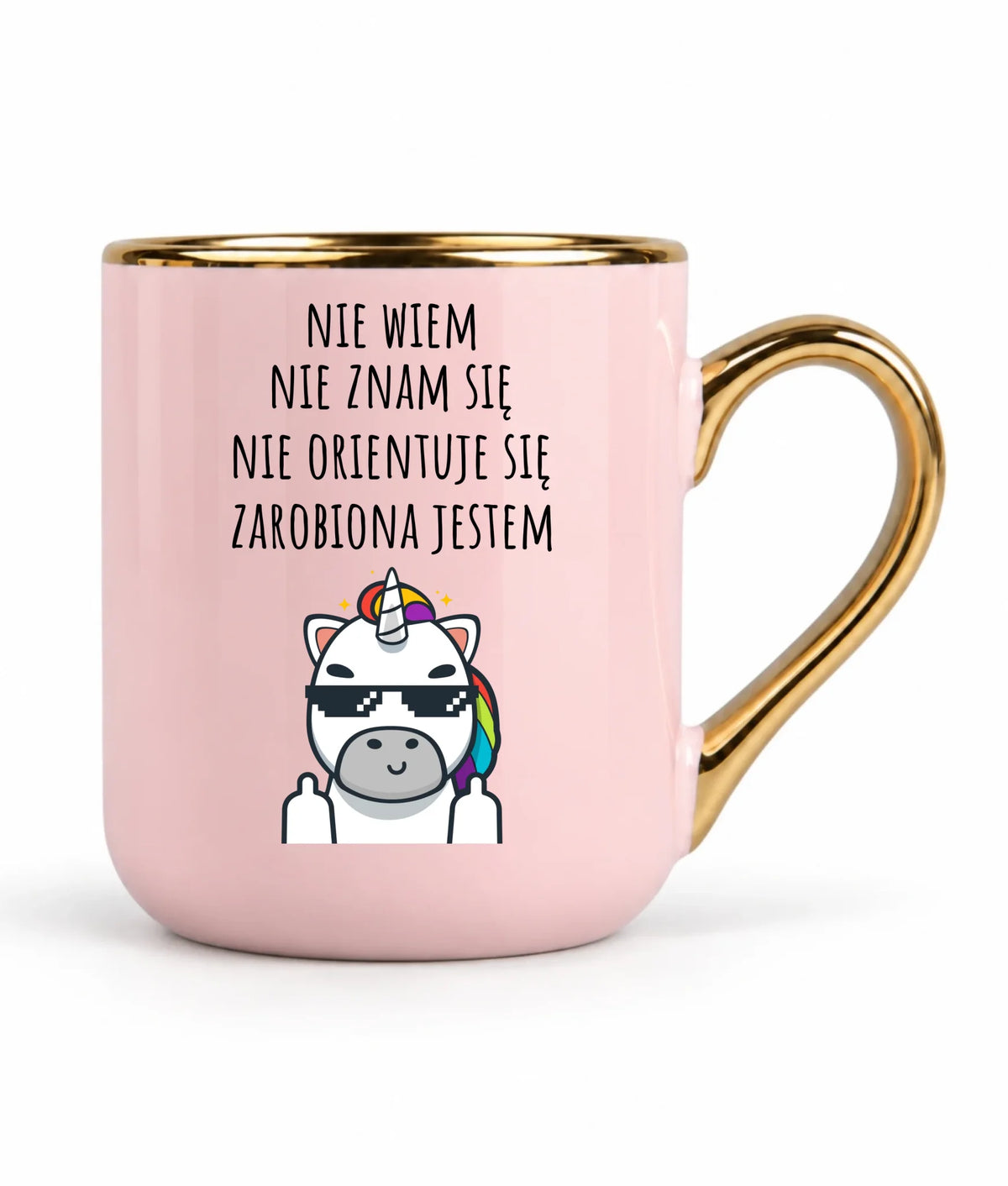 Śmieszny kubek elegant z napisem - Nie wiem, nie znam się, zarobiona jestem DZ05