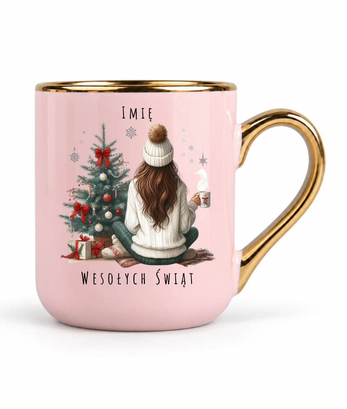 Kubek elegant świąteczny - Dziewczyna przy choince - personalizowany BN15