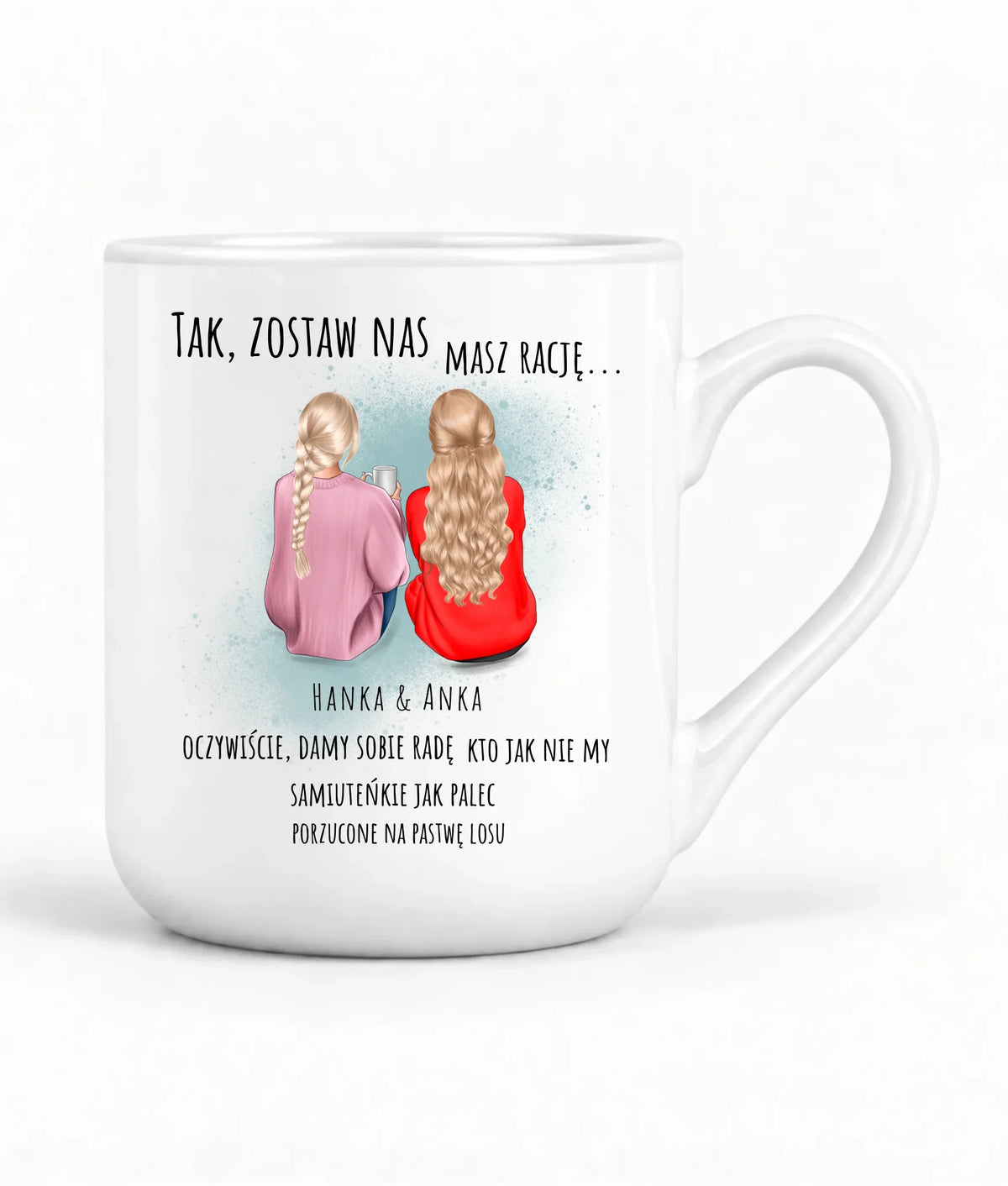 Kubek elegant na pożegnanie w pracy dla koleżanki z personalizowanymi postaciami – Tak, zostaw nas