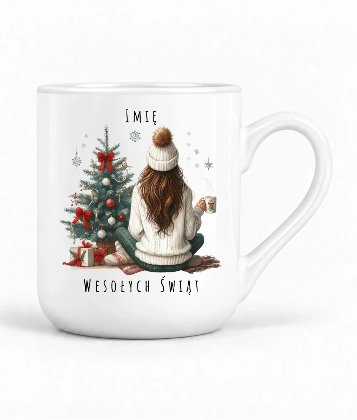 Kubek elegant świąteczny - Dziewczyna przy choince - personalizowany BN15