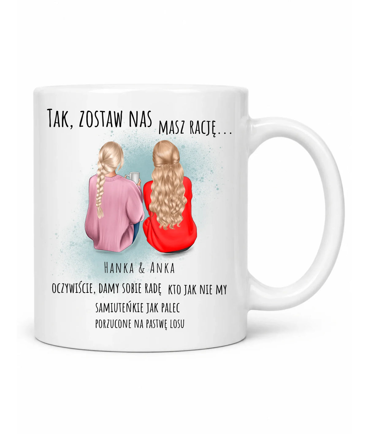 Kubek na pożegnanie w pracy dla koleżanki z personalizowanymi postaciami – Tak, zostaw nas