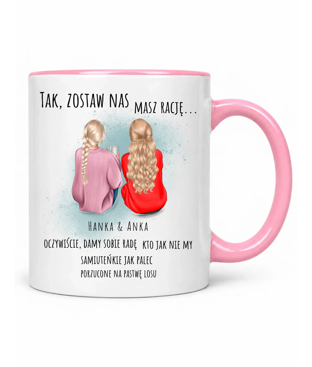 Kubek na pożegnanie w pracy dla koleżanki z personalizowanymi postaciami – Tak, zostaw nas