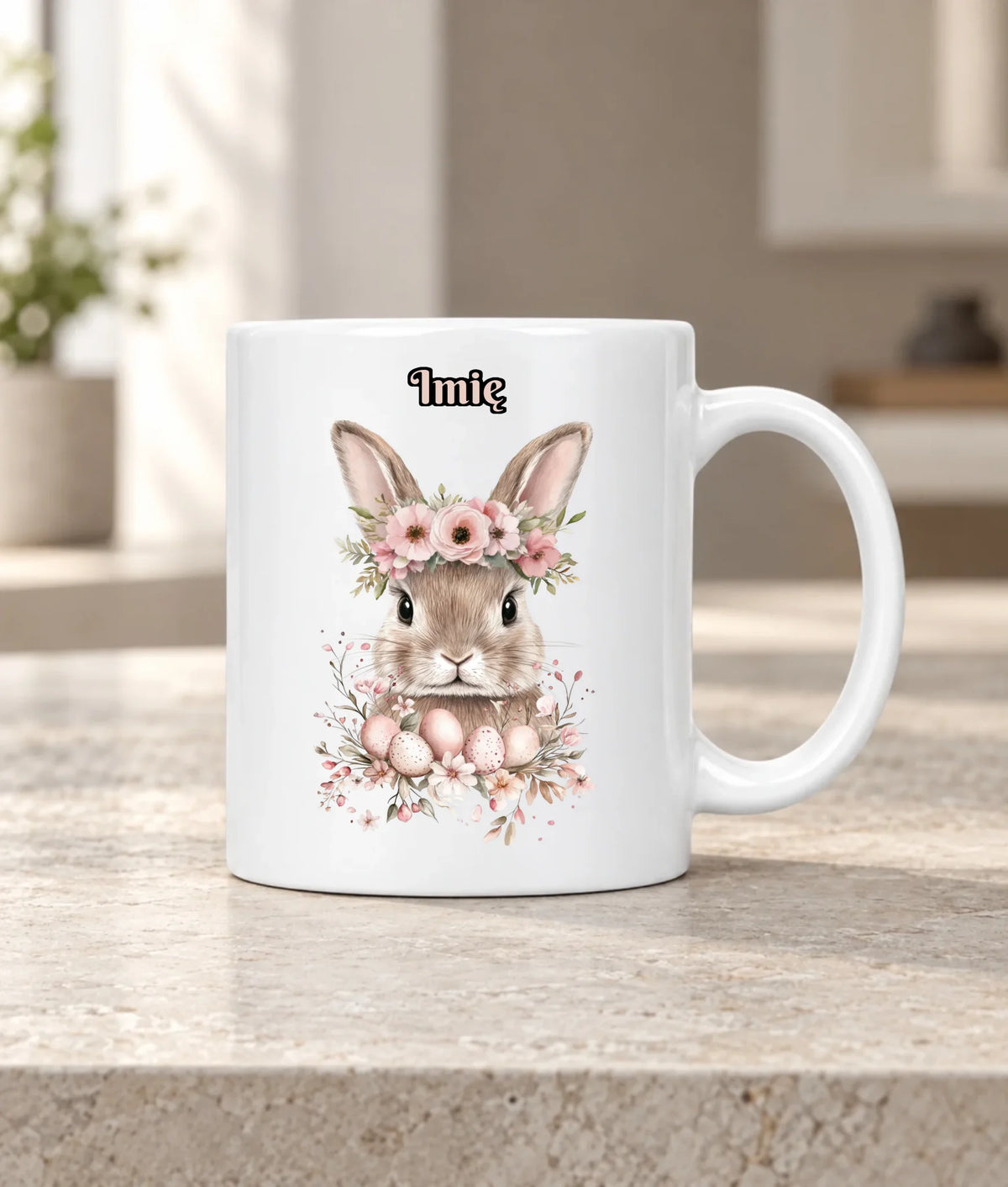 Kubek na Wielkanoc - Zajączek Boho w kwiatach - Prezent personalizowany WN05