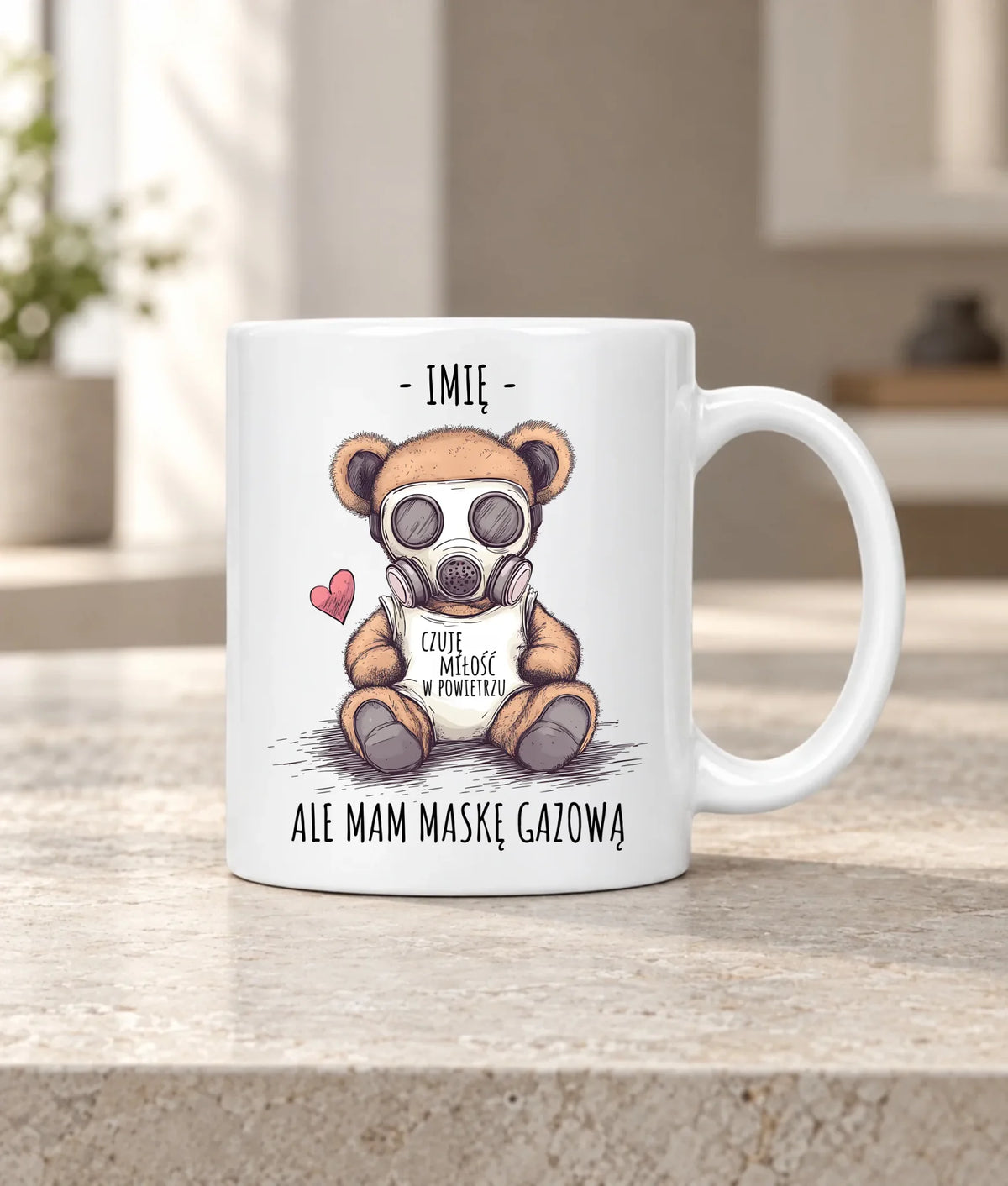 Kubek - Miś w masce gazowej - Czuję miłość w powietrzu - personalizowany W38