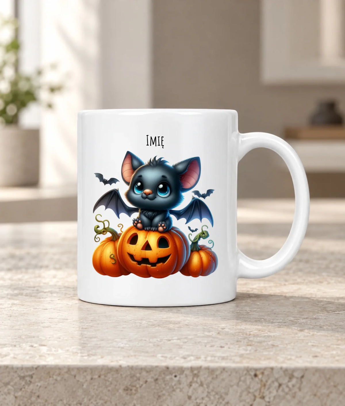 Kubek halloweenowy - Słodki nietoperz z dynią - personalizowany HL09
