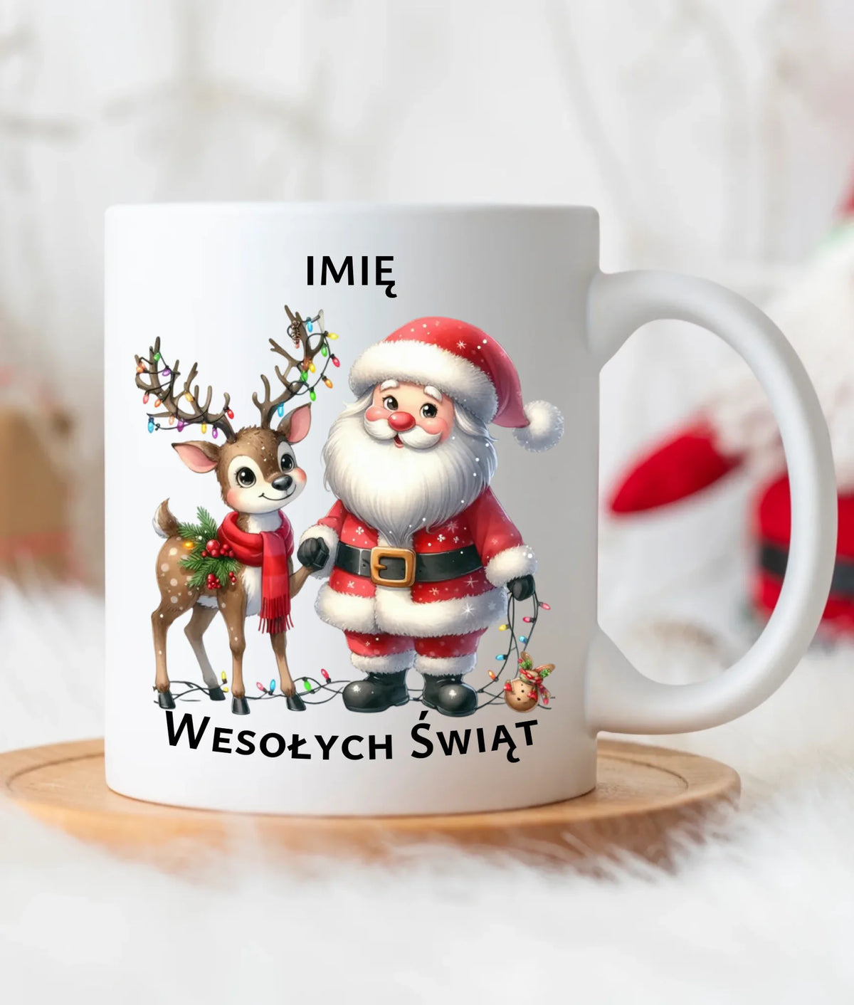 Kubek świąteczny - Mikołaj z reniferem - personalizowany BN09