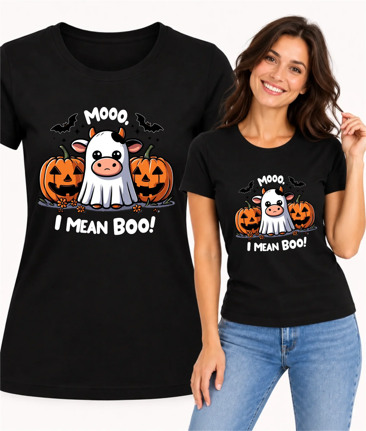 Koszulka damska na Halloween - Mooo I mean Boo! - z dynią i duchem HL14