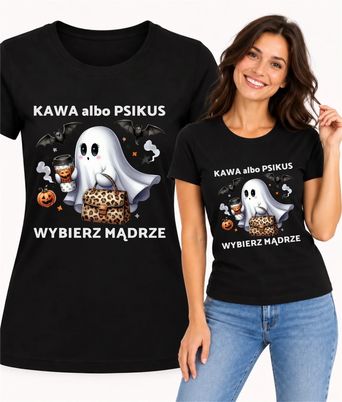 Koszulka damska halloweenowa - Duch - Kawa albo psikus HL07