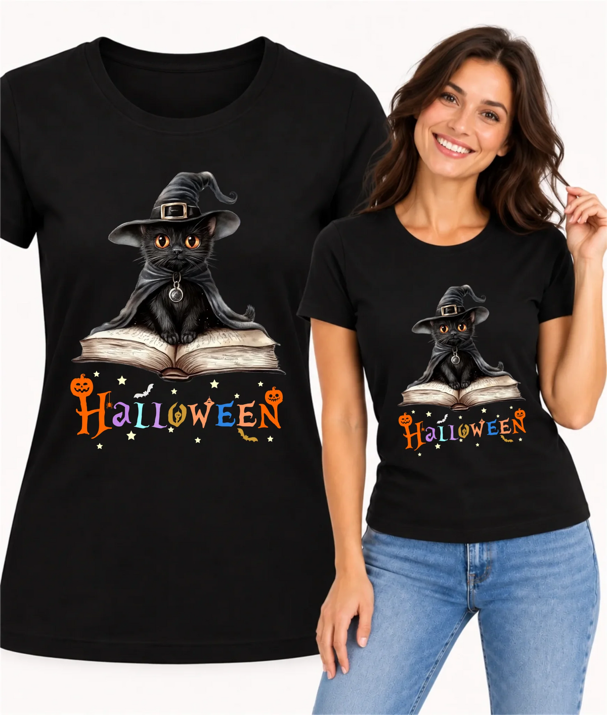 Koszulka damska na Halloween - Kot Czarodziej HL06