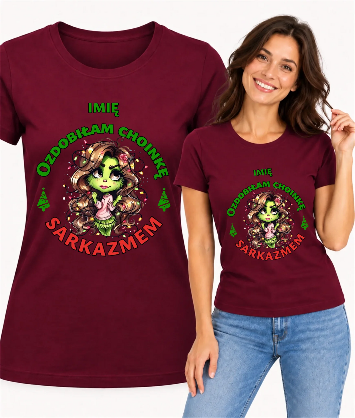 Koszulka damska świąteczna - Grinch - Ozdobiłam choinkę sarkazmem - personalizowana BN115
