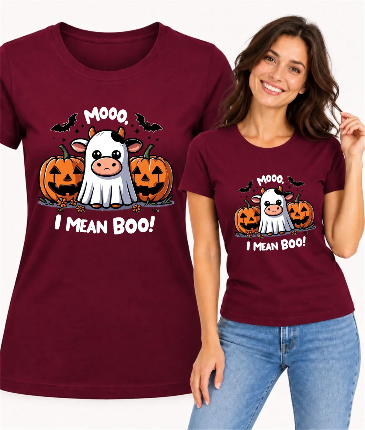 Koszulka damska na Halloween - Mooo I mean Boo! - z dynią i duchem HL14