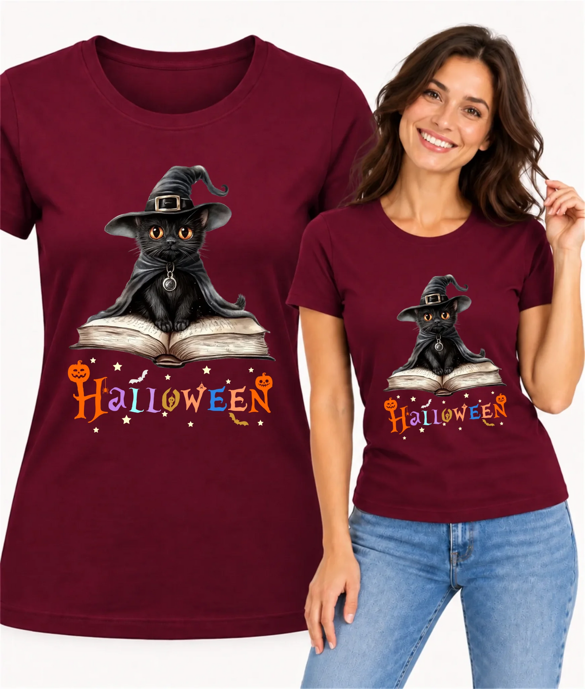 Koszulka damska na Halloween - Kot Czarodziej HL06