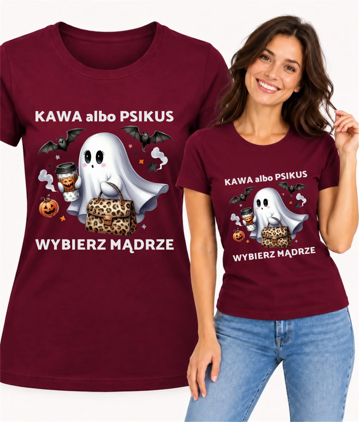 Koszulka damska halloweenowa - Duch - Kawa albo psikus HL07