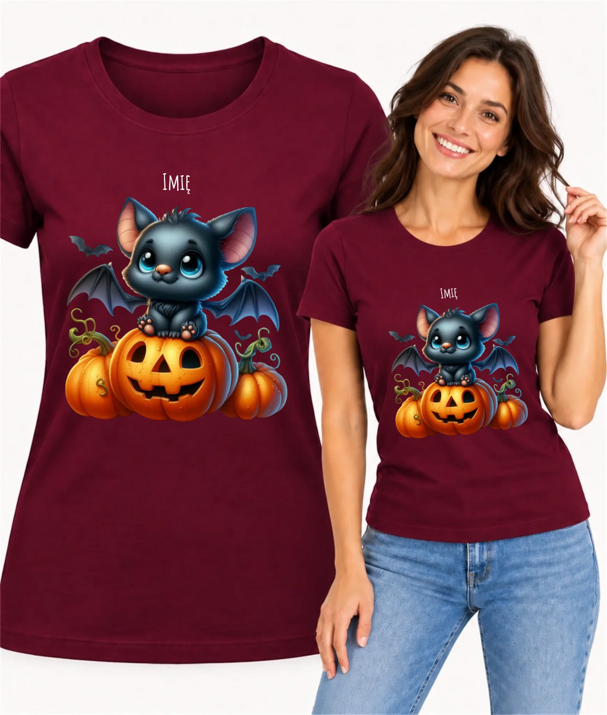Koszulka damska halloweenowa - Słodki nietoperz z dynią - personalizowana HL09