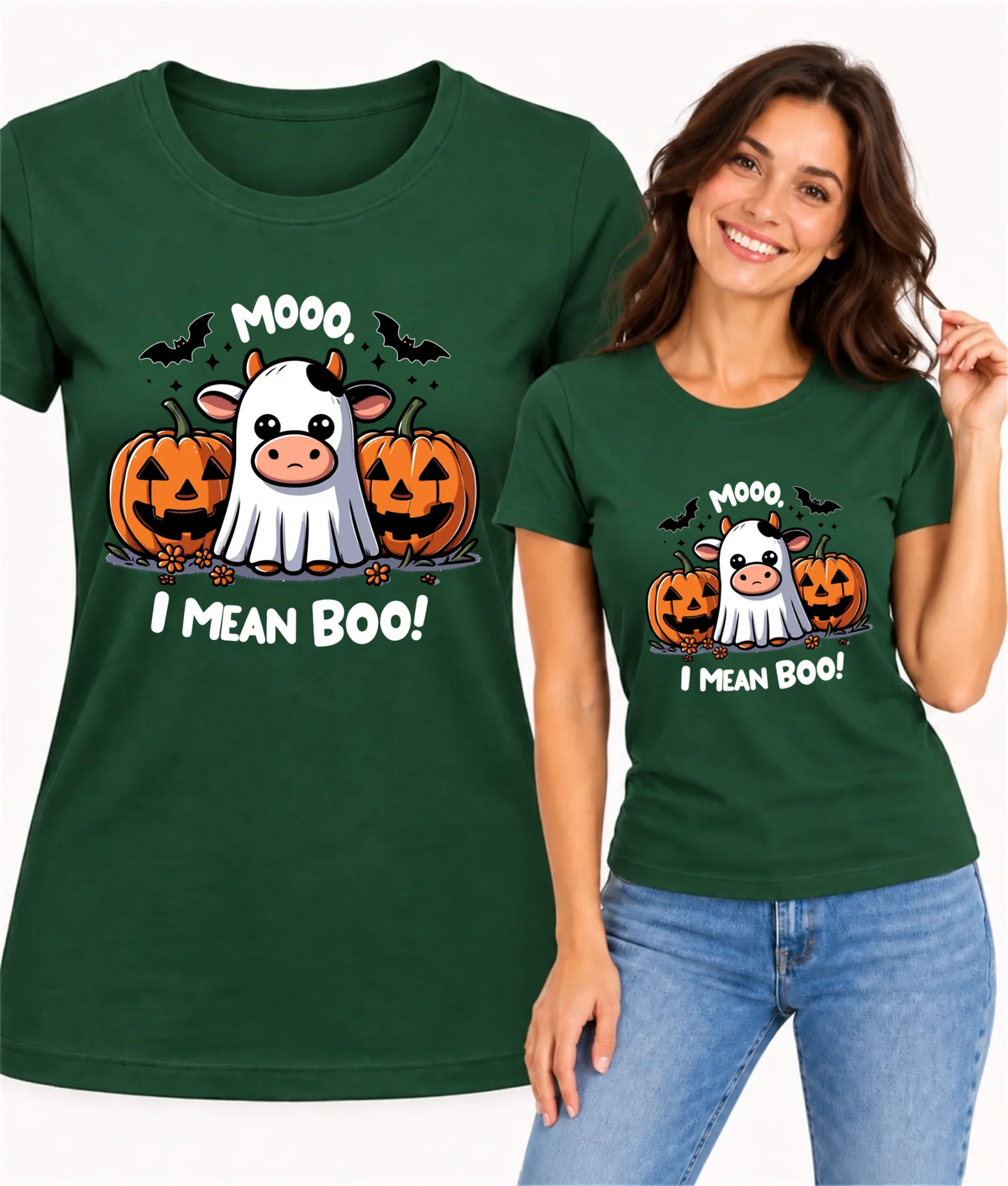 Koszulka damska na Halloween - Mooo I mean Boo! - z dynią i duchem HL14