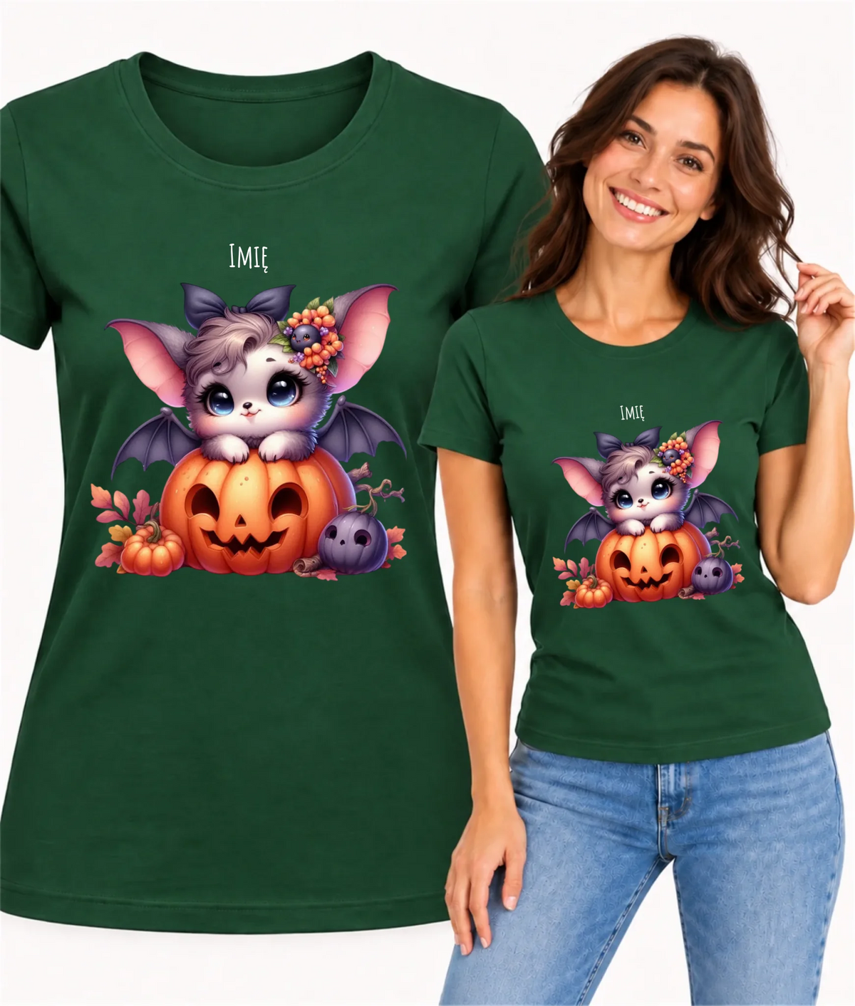 Koszulka damska halloweenowa - Uroczy nietoperz z dynią - personalizowana HL08